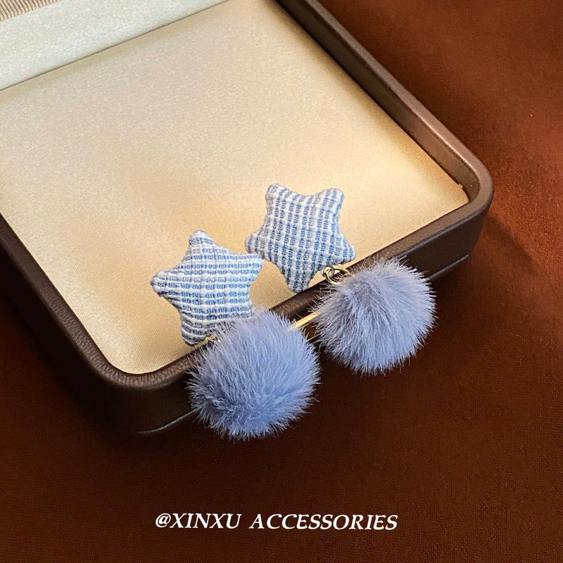 Wholesale five-angle star blue mink fur ball earrings