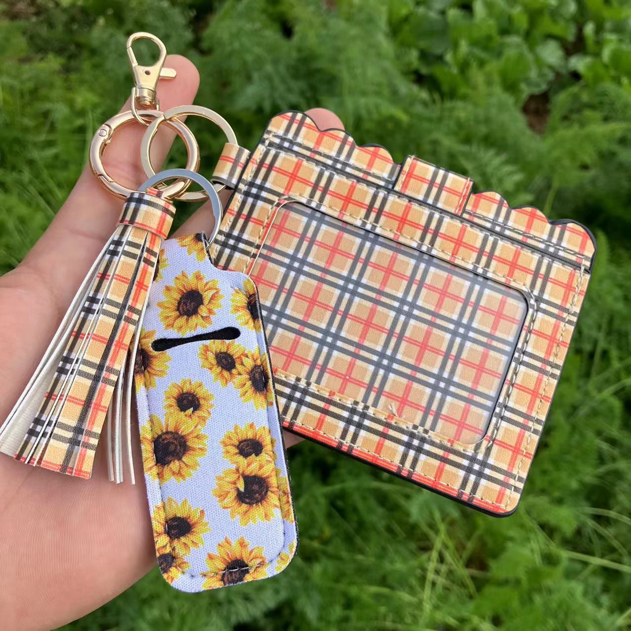 Wholesale Leopard Print Sunflower Butterfly Lipstick Case Card Holder Keychain Wristlet Keychain ACC-KC-QiuXue018