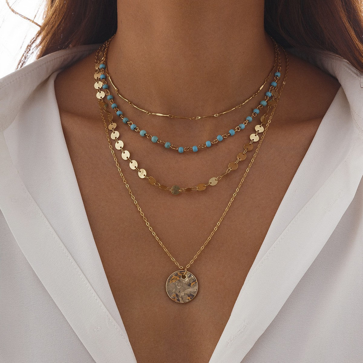 Wholesale Electroplated Alloy Turquoise Retro Bohemian Choker Necklace Metal Flower Disc Pendant Layering Jewelry For Women Gift