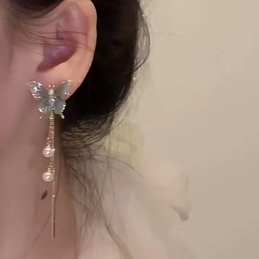 Wholesale blue grey gradient metal butterfly pearl tassel earrings