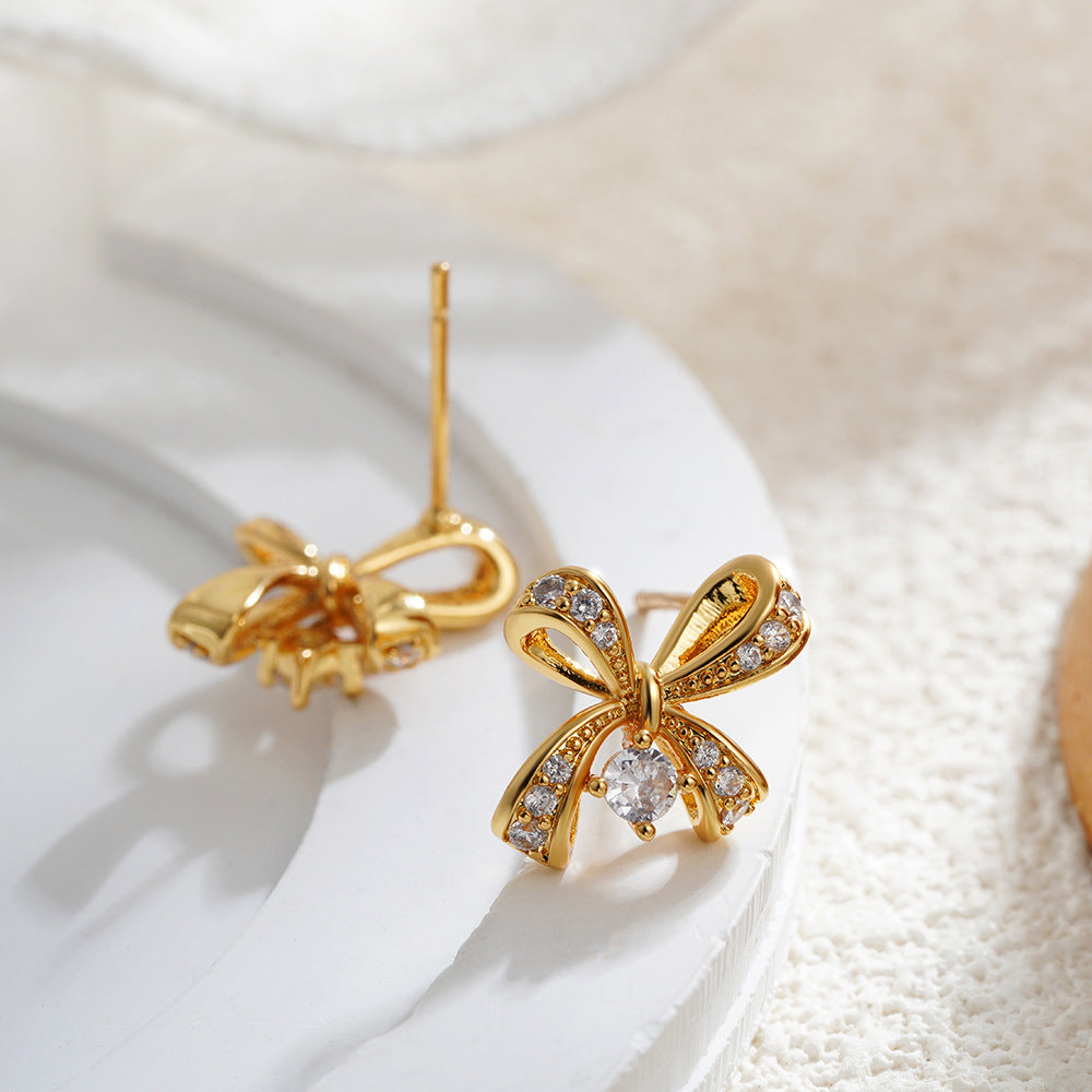Wholesale  18K Gold Micro-inlaid Zircon Bow Earrings Light Luxury Earrings
