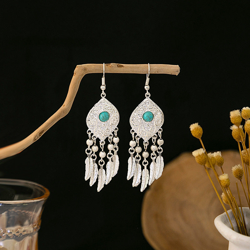 Wholesale Retro Ethnic Style Blue Turquoise Hollow Ring Flower Tassel Earrings Jewelry Accessory