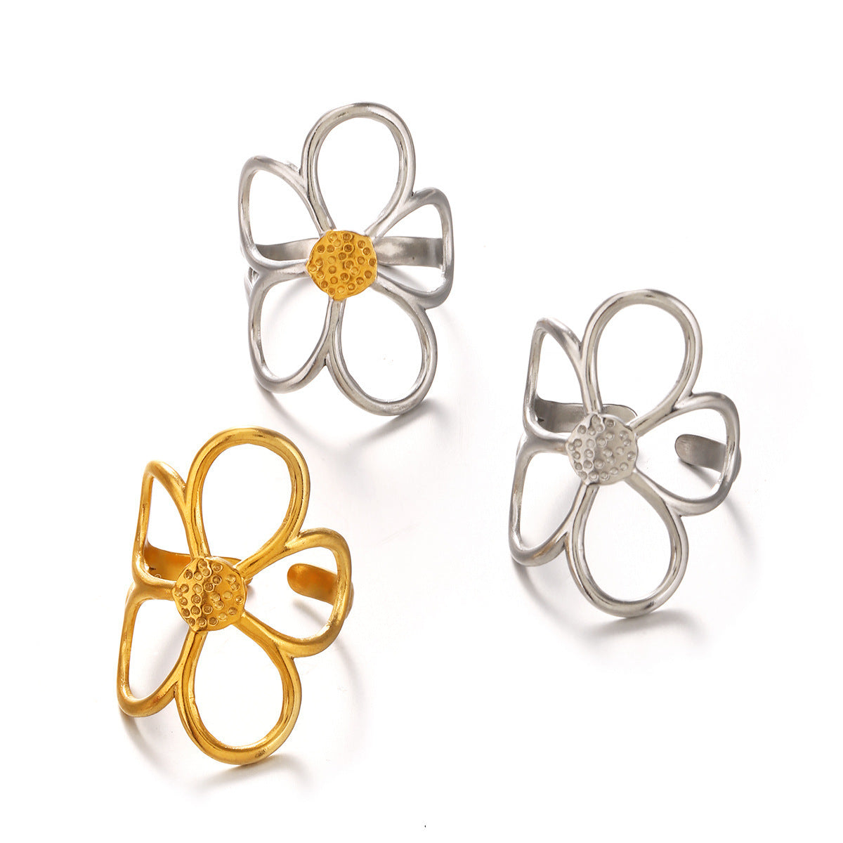 Wholesale  Titanium Steel Ring Niche Design Small  Flower Ring Simple High-End Open Ring Fashionable and Versatile