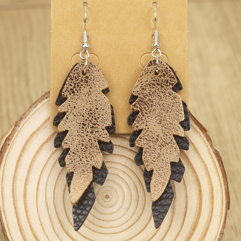 Wholesale  Bohemian Style Multi-Layered Leopard Print Striped Leaf Shape Women's Leather Earrings