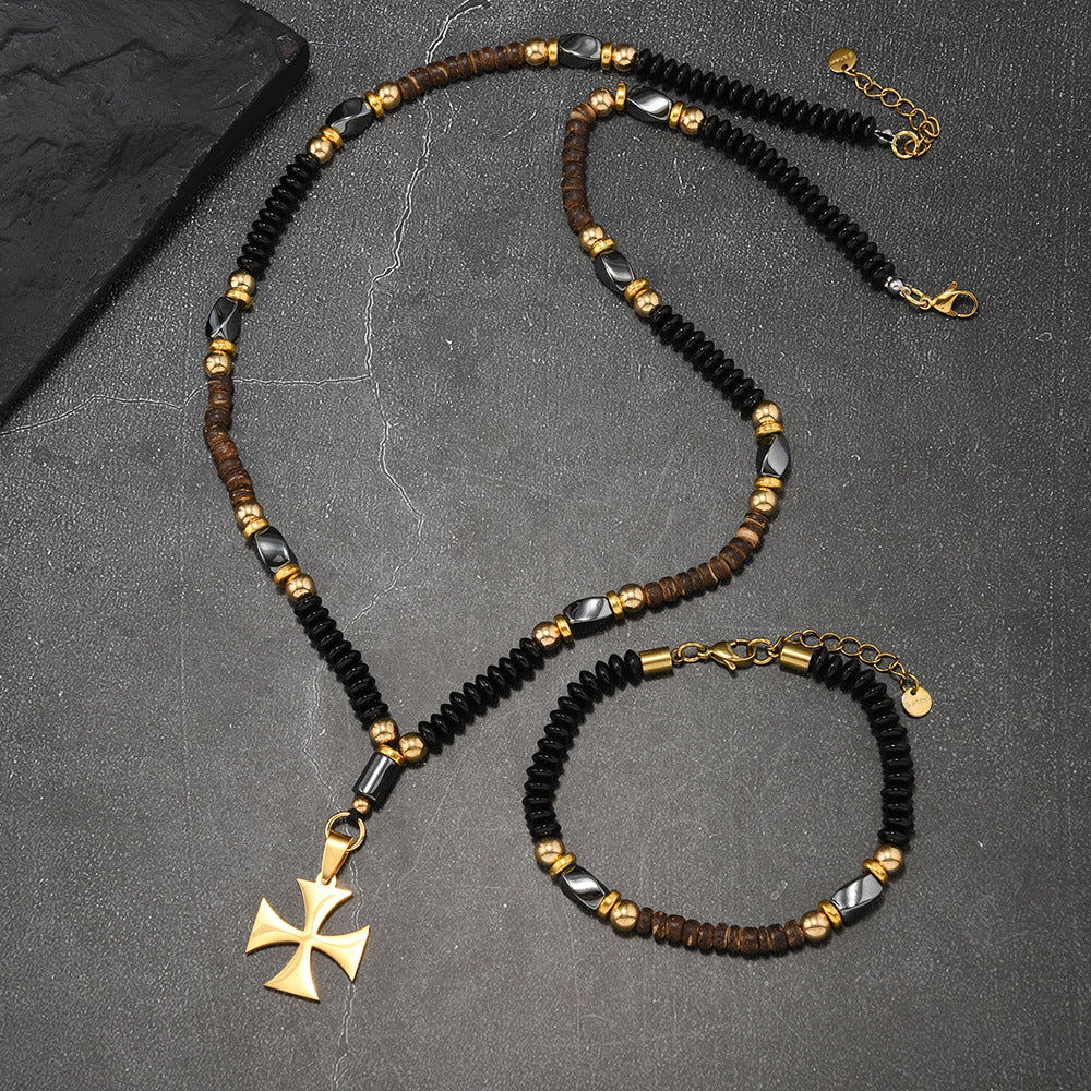 Wholesale Stainless Steel Black Gold Wooden Bead Obsidian Necklace