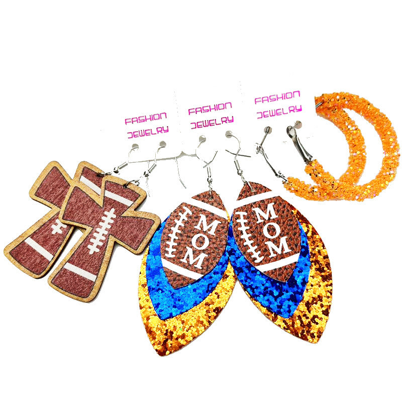 Wholesale 2 Sets Cross Glitter Earrings Rugby Stadium Cheer Football MOM Leather Earrings Set ACC-ES-HY126