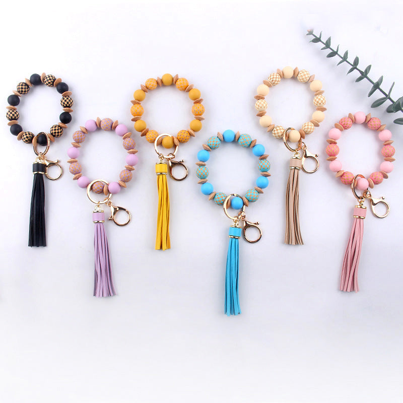 Wholesale Patterned Wood Beads Beaded Silicone Wrist Keychain with Tassel Bulk Keychains ACC-KC-GuangTian039