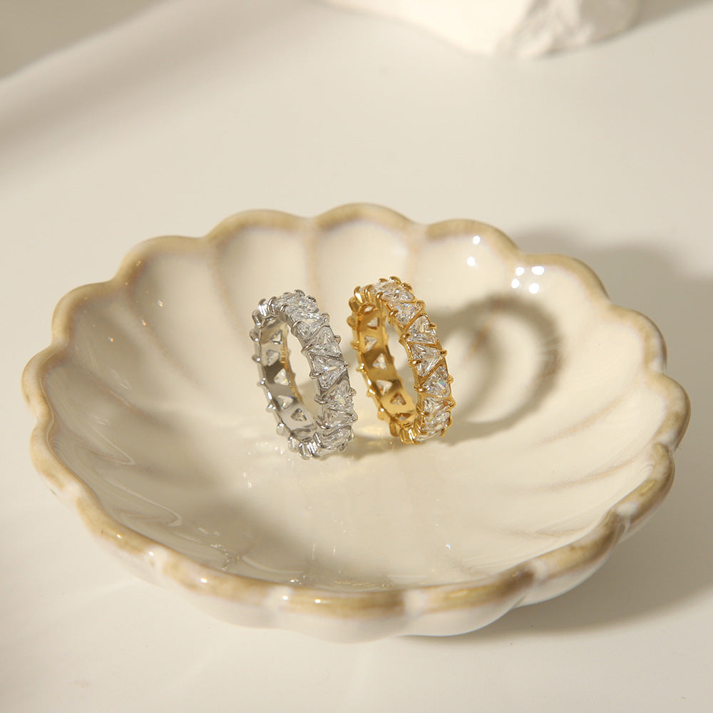 Wholesale stainless steel triangle zircon light luxury full diamond ring
