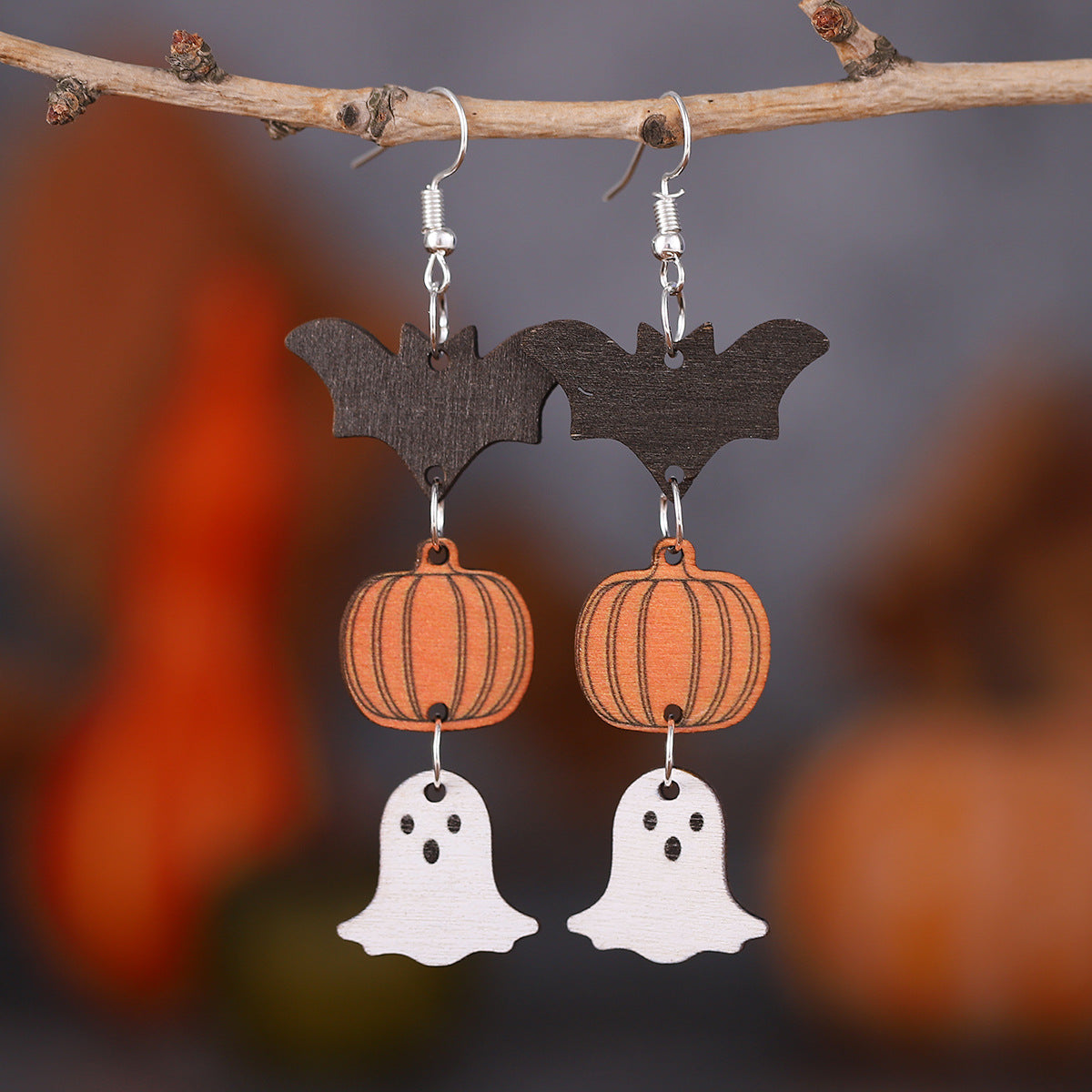 Wholesale Halloween Witch Pumpkin Bat Ghost Pendant Wood Earrings
