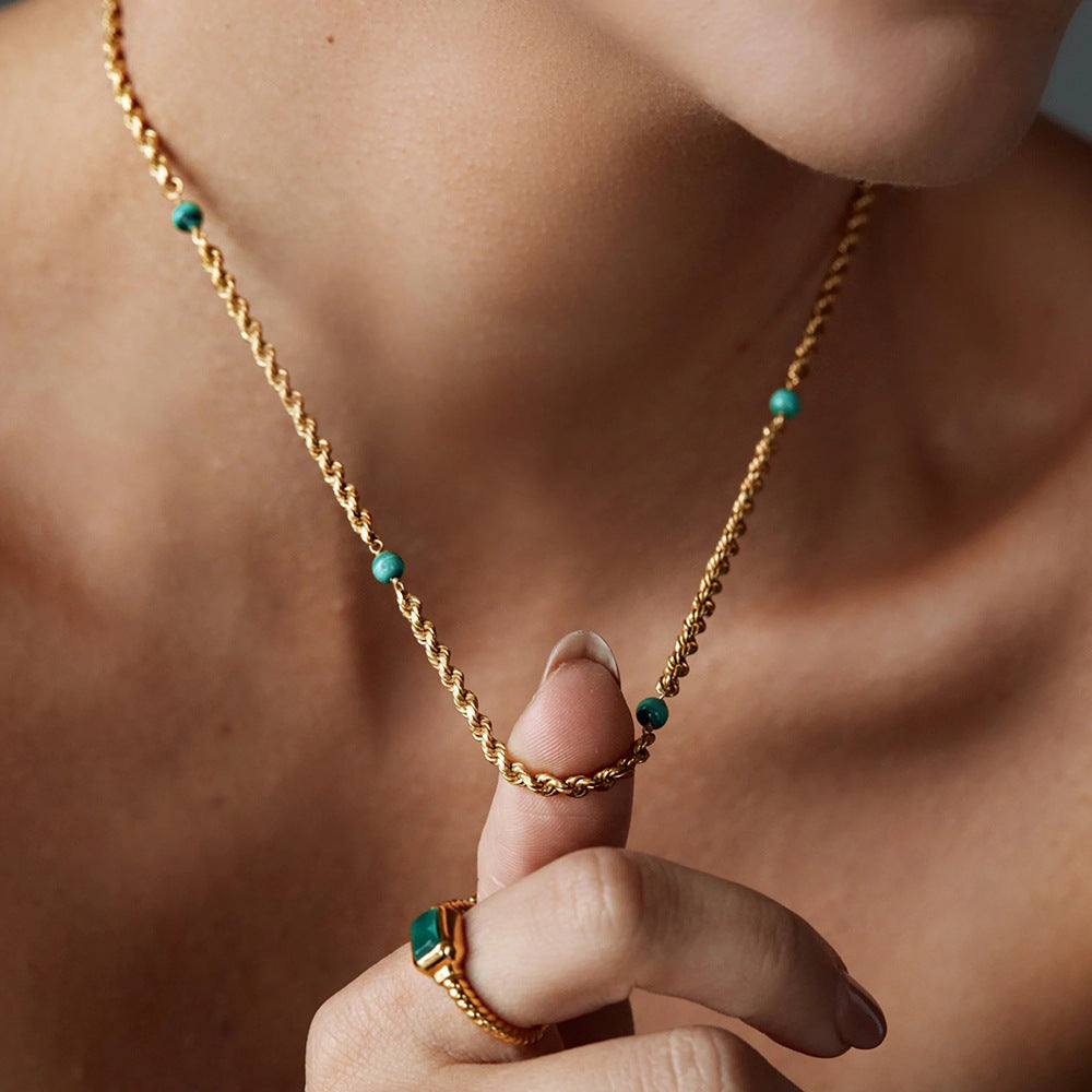 Wholesale Vintage 18K Gold Plated Titanium Steel Malachite Twist Necklace