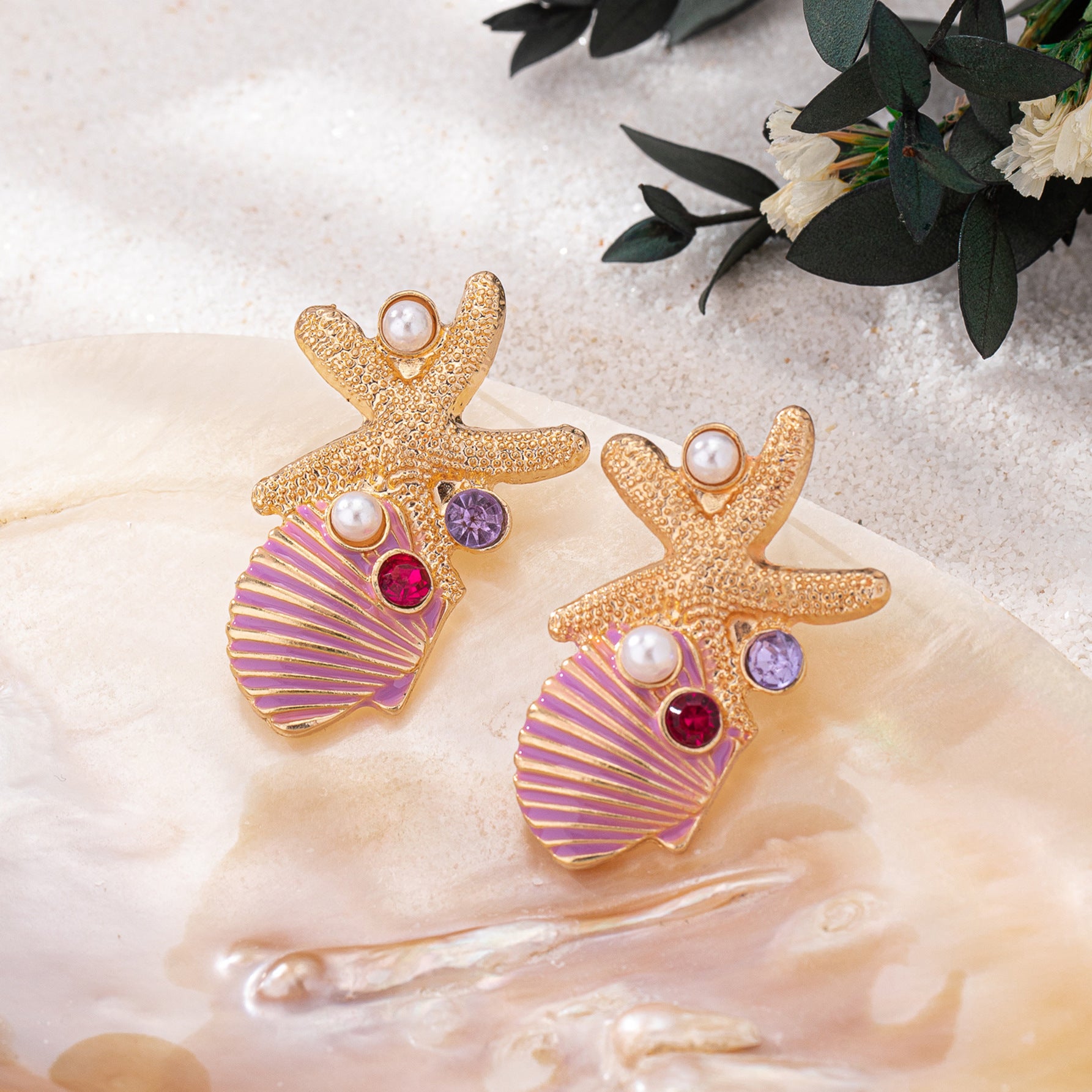 Wholesale Vacation Style Pink Shell Starfish Pearl Rhinestone Earrings For Women Trendy Jewelry Accessory