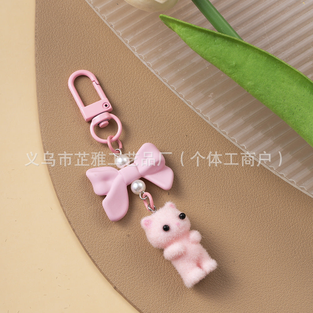 Wholesale Resin Flocking Cute Bow Three-dimensional Cat Keychain