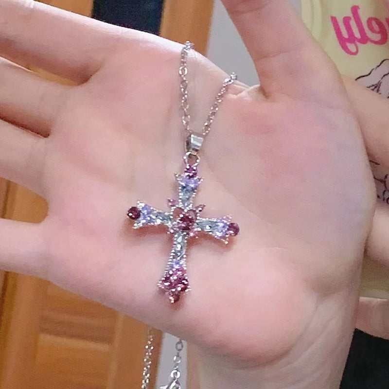 Wholesale Zinc Alloy Electroplated Pink Cross Pendant Necklace,  Gothic Y2K Layering Choker,  Trendy Jewelry Accessory for Women