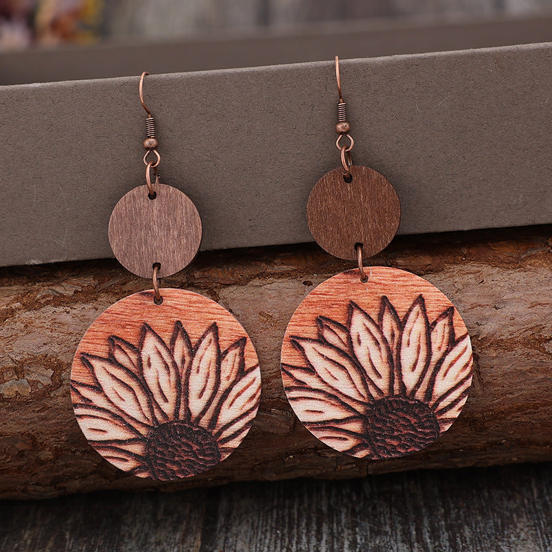 Wholesale Retro Bohemian Printed Flower Wooden Earrings Fashion Accessory