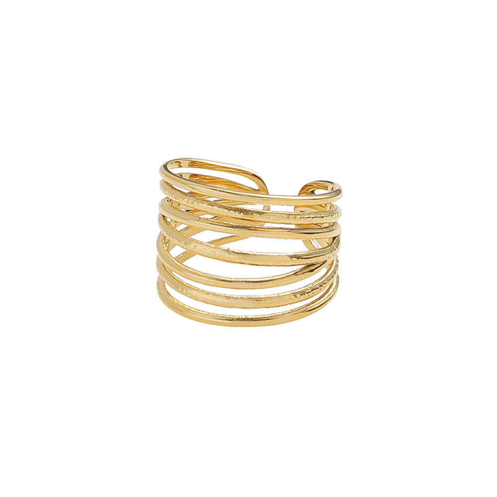 Wholesale wide hollow titanium steel 18K gold plated adjustable ring
