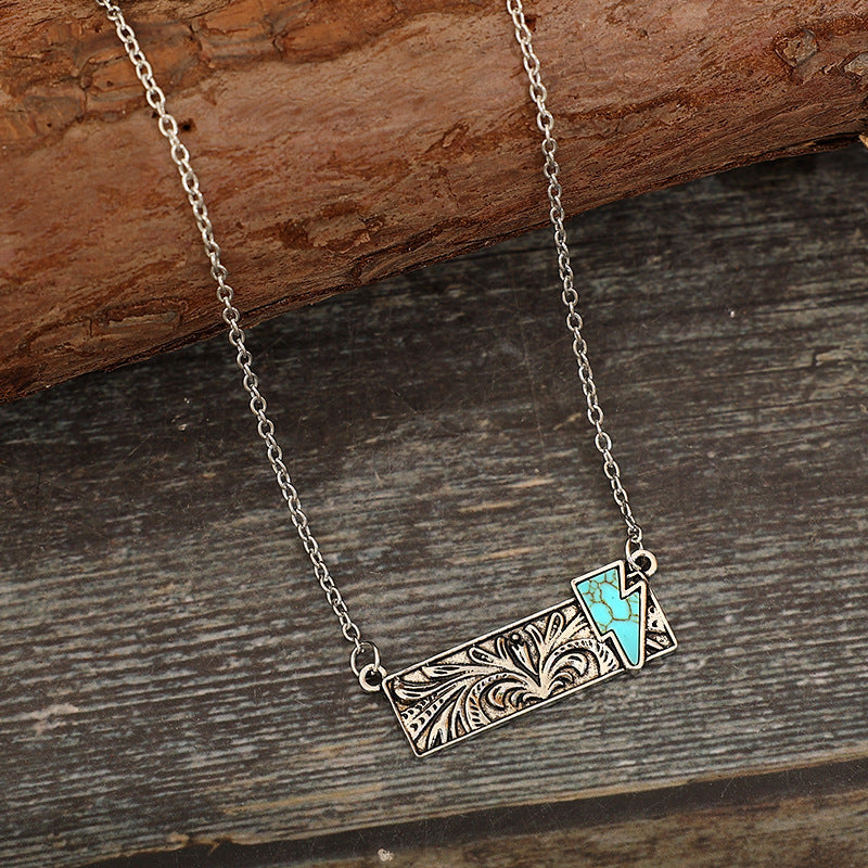 Wholesale Vintage square turquoise cactus lightning cross cowboy boots necklace