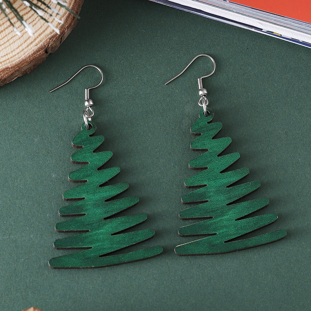 Wholesale Christmas green Christmas tree pendant earrings wooden