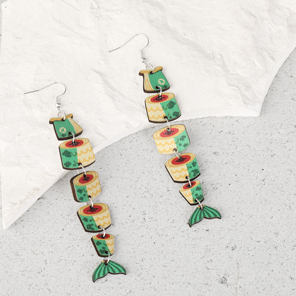 Wholesale  wood earrings personalized fish-shaped multi-segment connection earrings