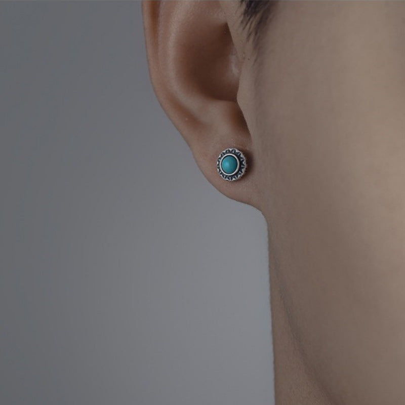 Wholesale Men' s Silver Plated Turquoise Stud Earrings Simple Retro Style Everyday Jewelry Accessory