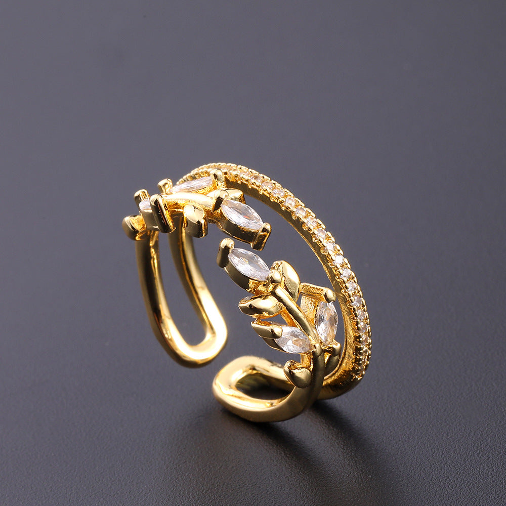 Wholesale European Fashion Sparkling Gold Plated Copper Zircon Open Ring Geometric Chic Jewelry Accessory Gift