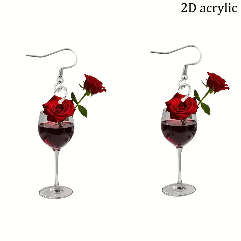 Wholesale  Valentine's Day Limited Red Rose Wine Glass Acrylic Earrings