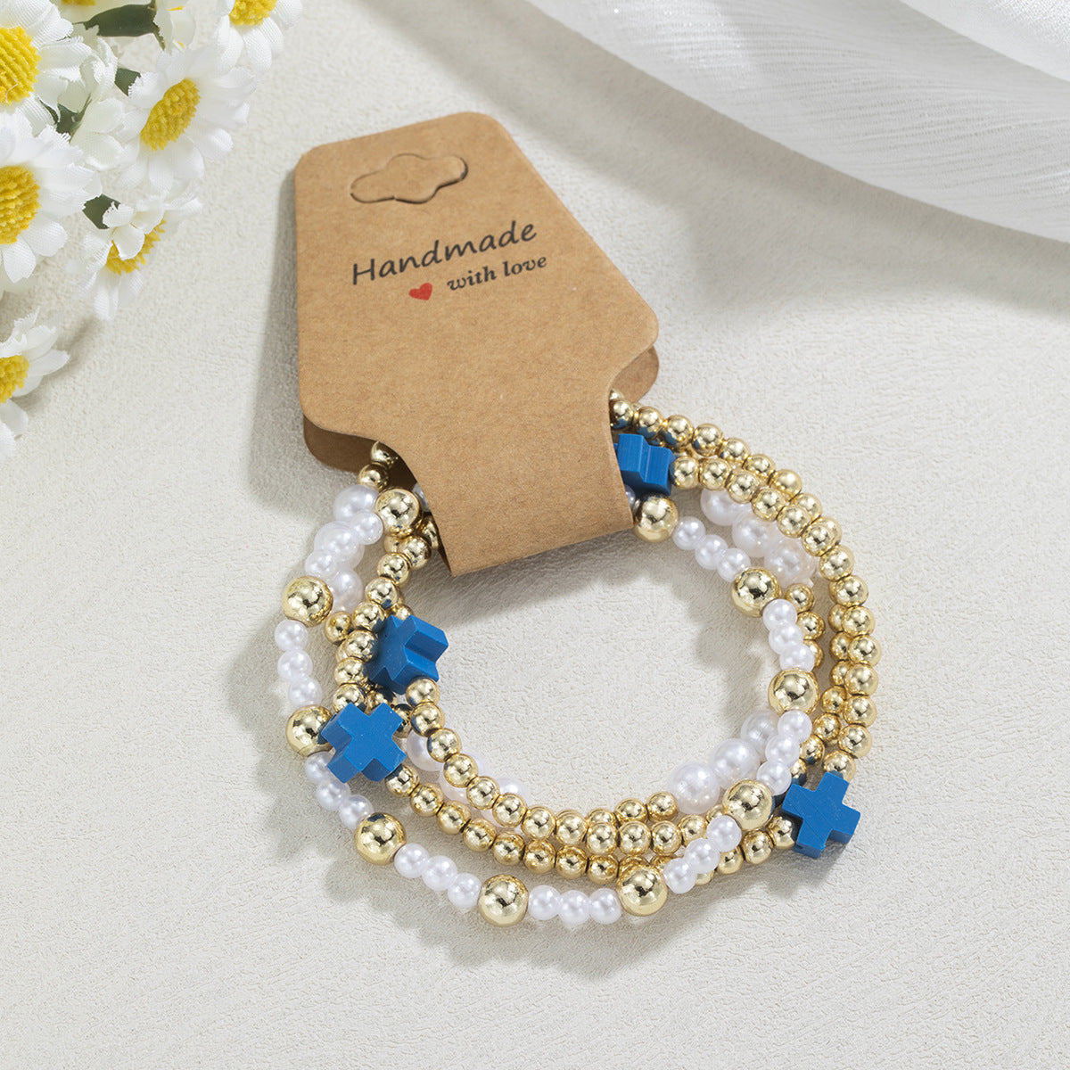 Wholesale  personality resin cross pearl  beaded elastic kraft paper bracelet