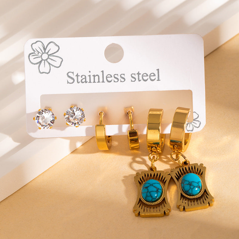 Wholesale Vintage Stainless Steel Earrings with Turquoise Rhinestones Fashion Accessory