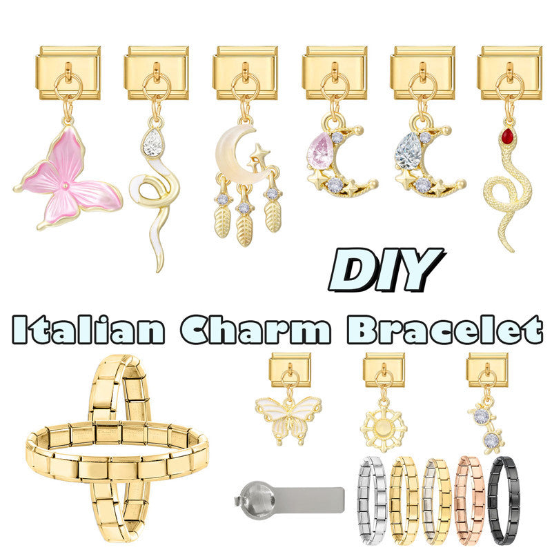 Wholesale Italian Charm Bracelet 9mm DIY Splicing Pink Series Gold Pendant Stainless Steel Composable Bracelet