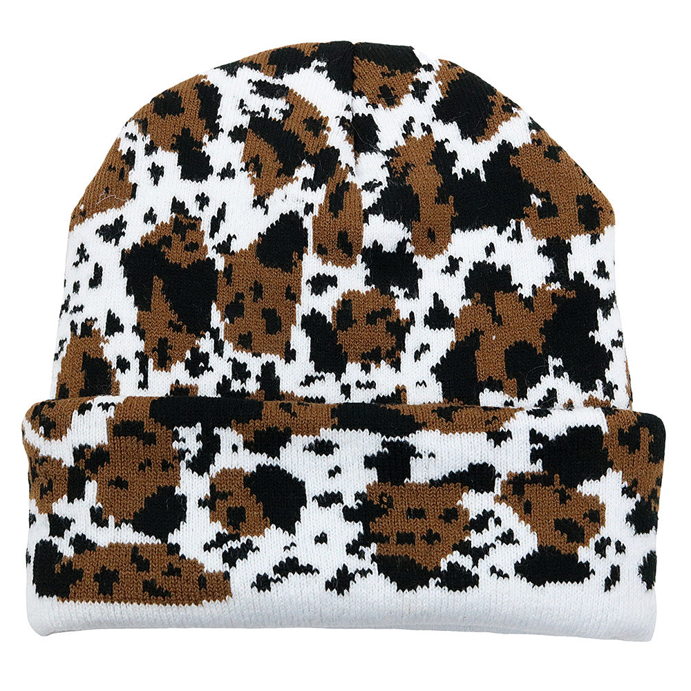 Wholesale cow knitted hat  leopard jacquard wool hat