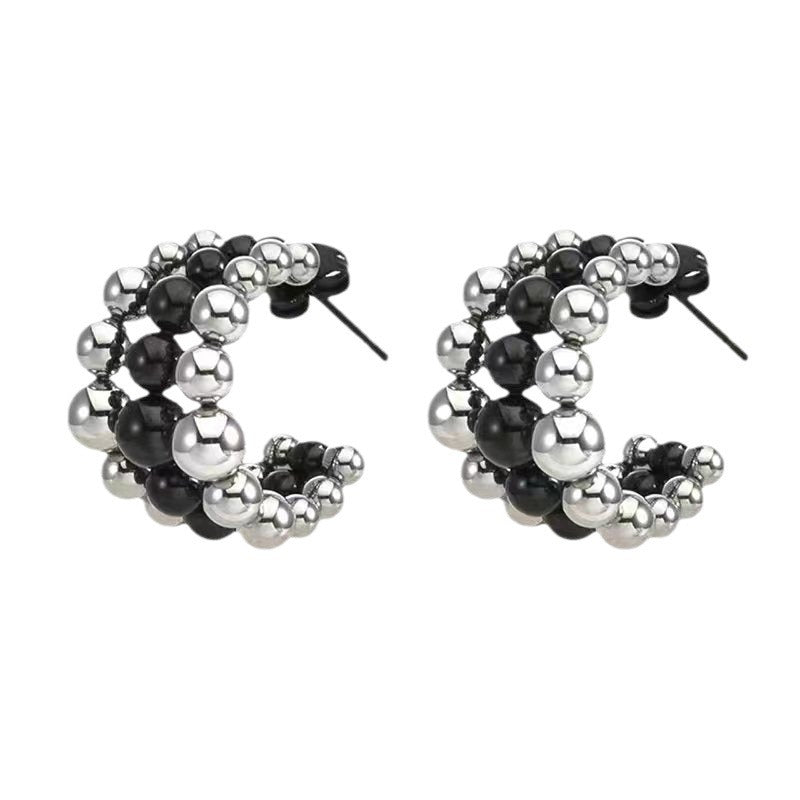 Wholesale Three-layer C-shaped Stainless Steel Earrings Light Luxury Earrings Steel Bead Earrings ACC-ES-BaiL004
