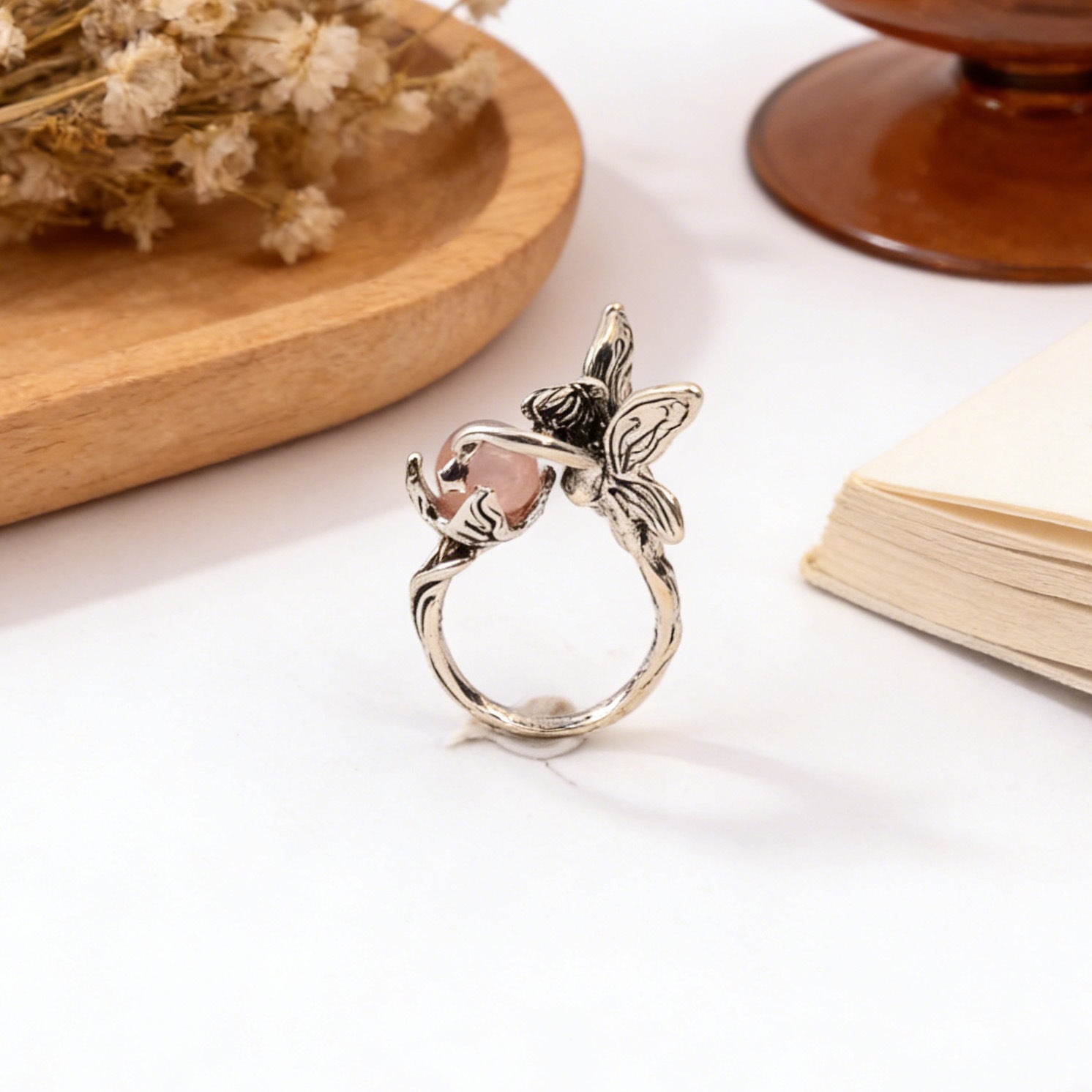 Wholesale Retro Elf Angel Gemstone Open Ring Antique Silver Jewelry Accessory For Gift And Boutique Resale