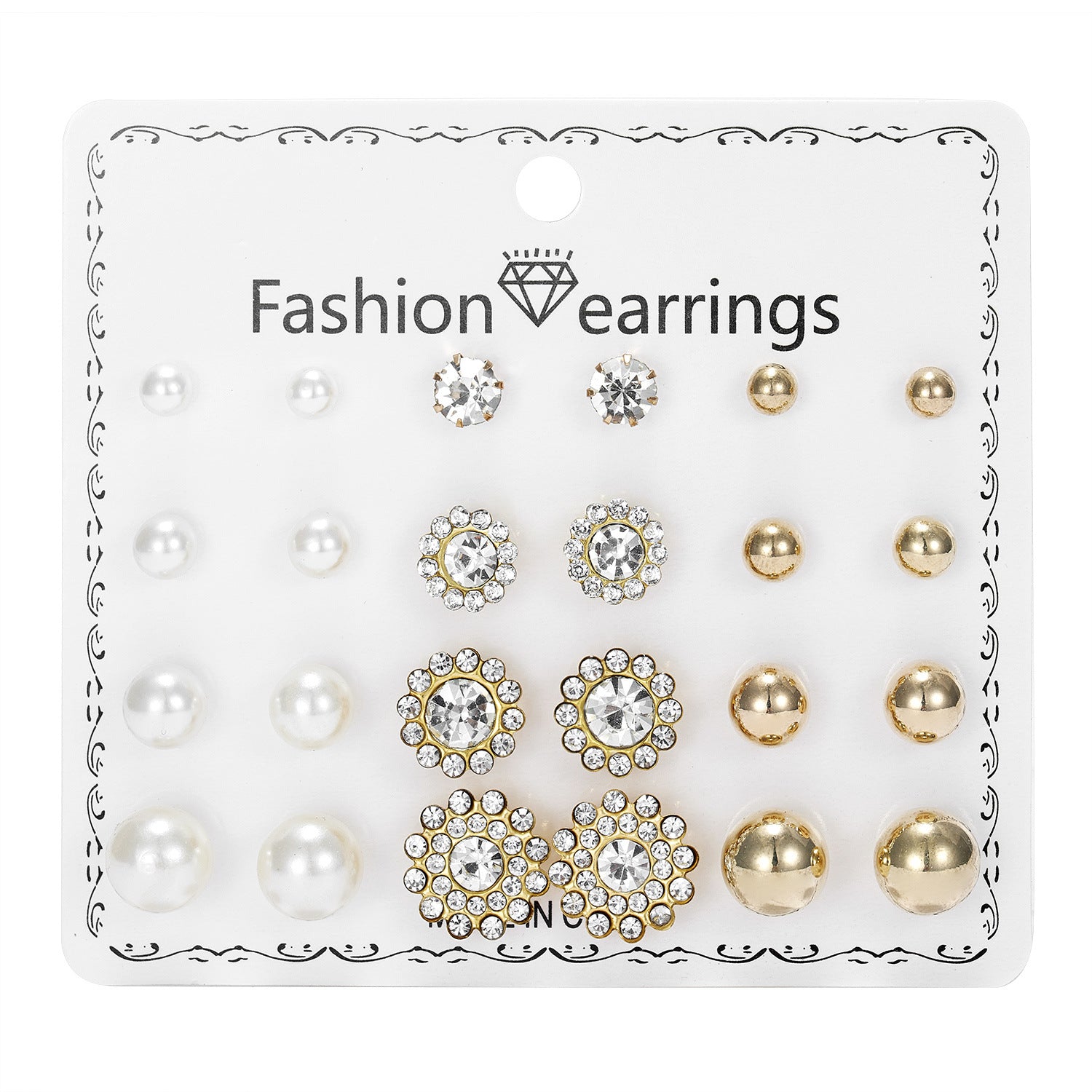Wholesale 12pcs/set Pearl Rhinestone gold ball combination card earrings set