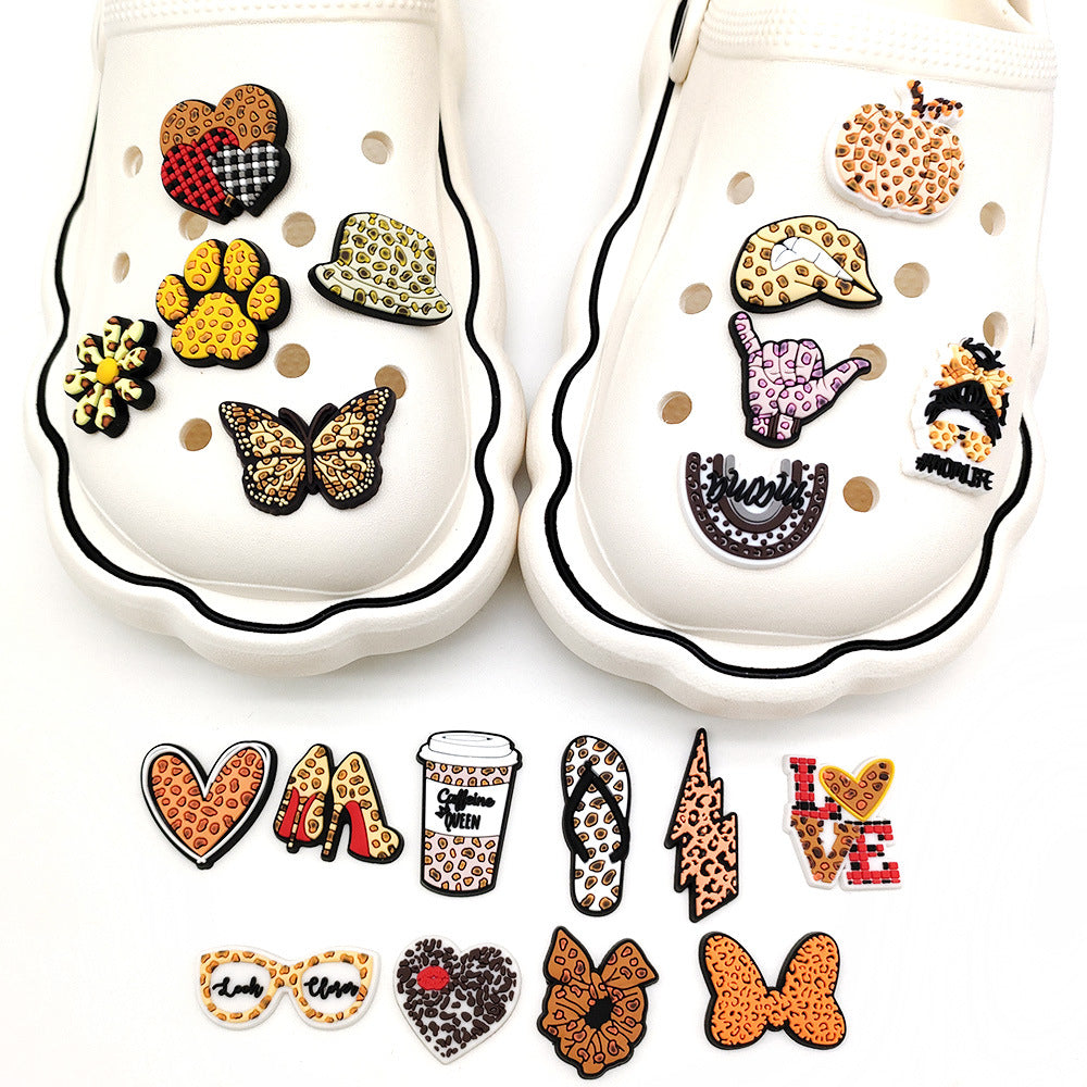 Wholesale 10pcs Leopard Print Coffee Cup Dog Claw Love PVC Soft Adhesive Hole Shoes Buckles ACC-SC-WanX002