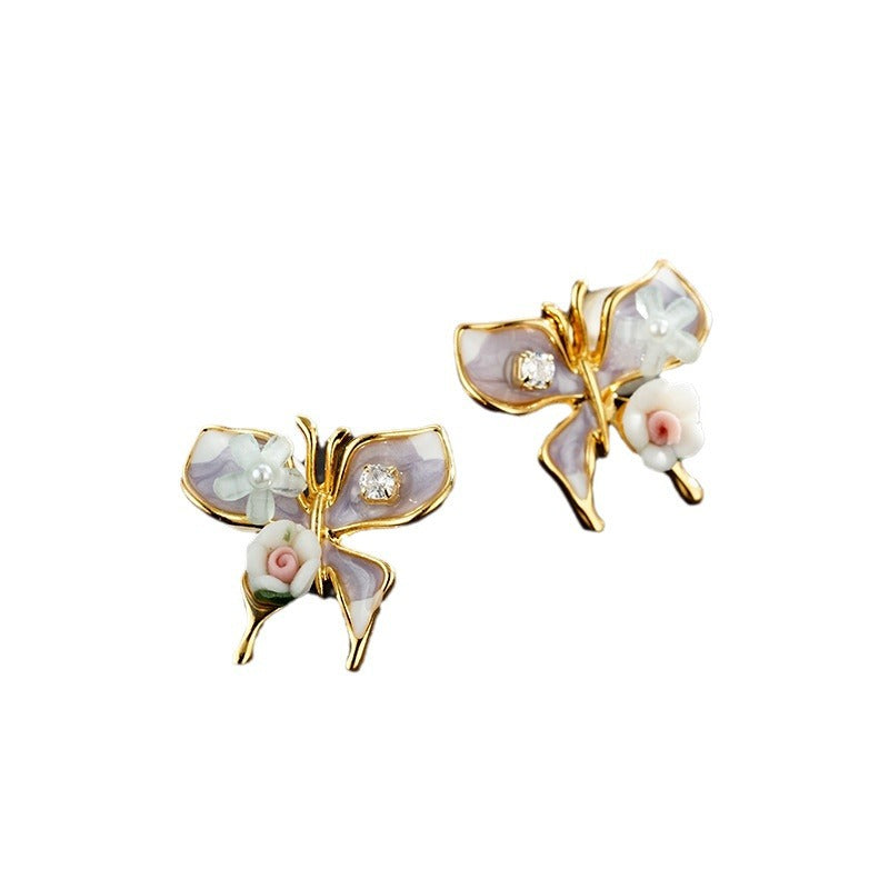 Wholesale Vintage Light Luxury Oil Painting Butterfly Flower  Earrings