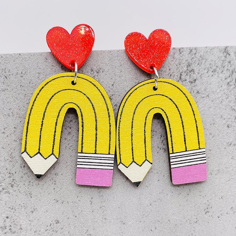 Wholesale Wooden Leopard-Print Pencil  Crayon  and Scissors Earrings