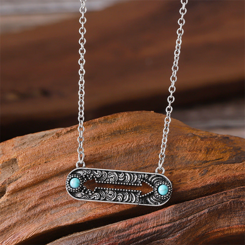 Wholesale Vintage Inlaid Turquoise Geometric Hollow Arrow Pin Clavicle Necklace Trendy Jewelry Accessory
