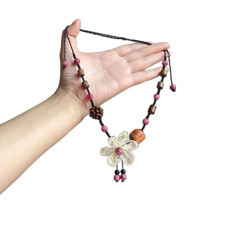 Wholesale Bohemian Beaded Raffia Flower Necklace