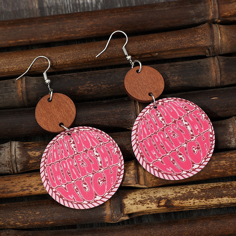Wholesale Western-Style Round Pink Leather Earrings with Letters