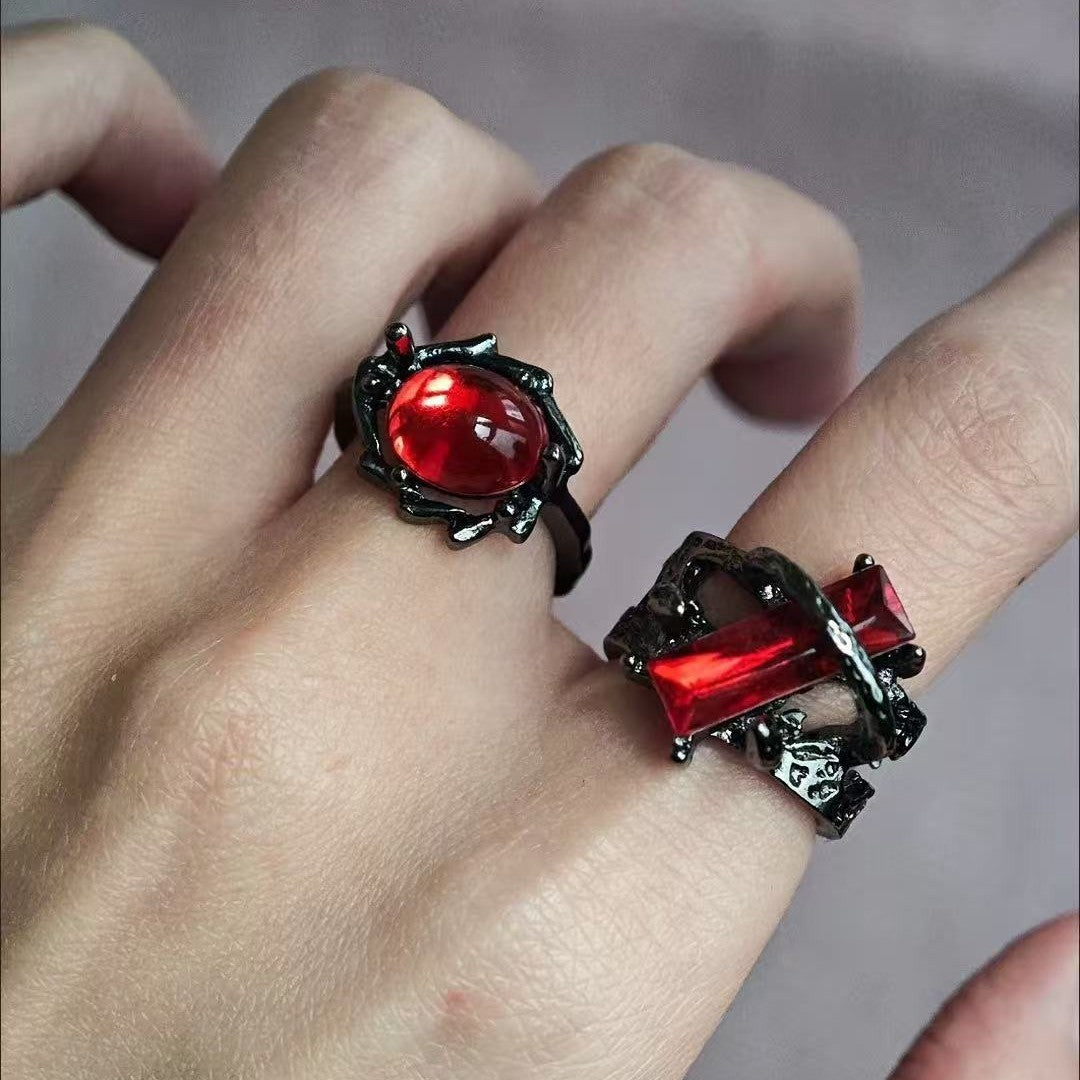 Wholesale Retro Red Geometric Gemstone Design Ring for Men and Women Niche Personality Punk Dark Hollow Texture Metal Ring