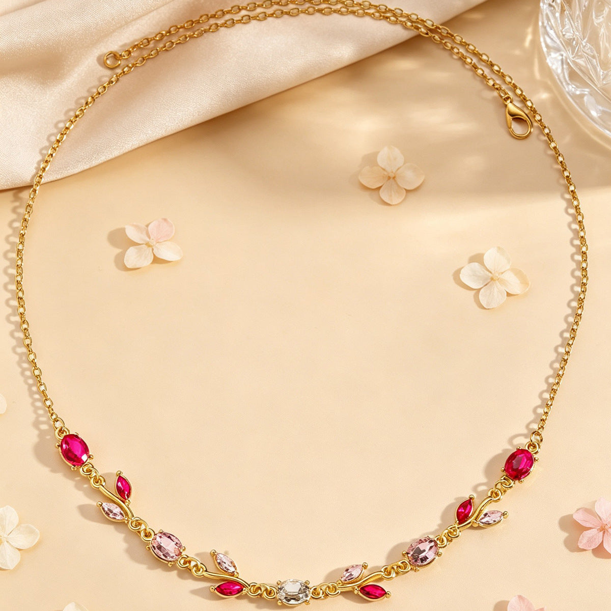 Wholesale French Vintage Tulip Flower Rhinestone Collarbone Necklace Gold Tone Red Drop Pendant Boutique Evening Dress Jewelry Accessory