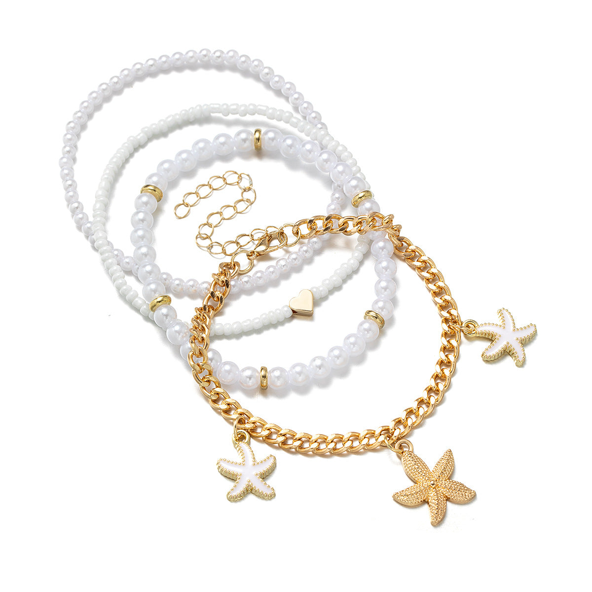 Wholesale Ocean style alloy starfish pendant love white rice pearl multi-layer women's anklet