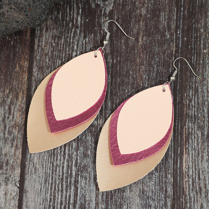 Wholesale Retro Geometric Multi-Layered Colorful Leather Leaf Earrings for Everyday Wear Jewelry Accessory