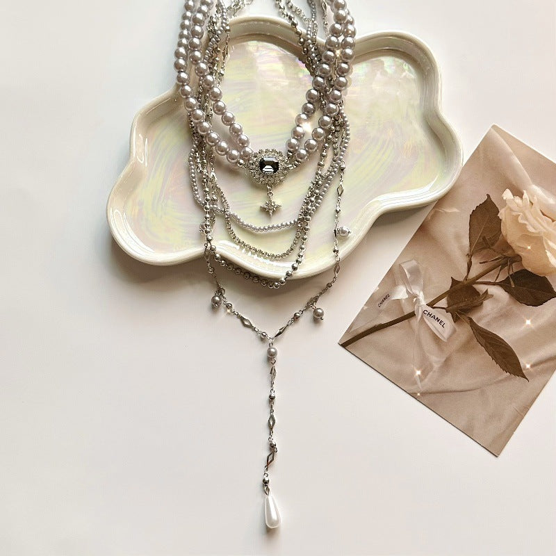 Wholesale Silver Grey Multi-layer Stacked Pearl Necklace