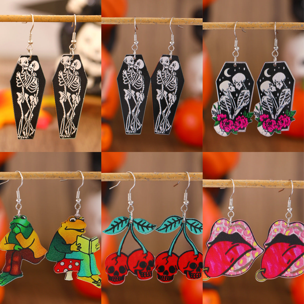 Wholesale  Creative Acrylic Earrings  Skull Cherry Reading Frog Halloween Earrings