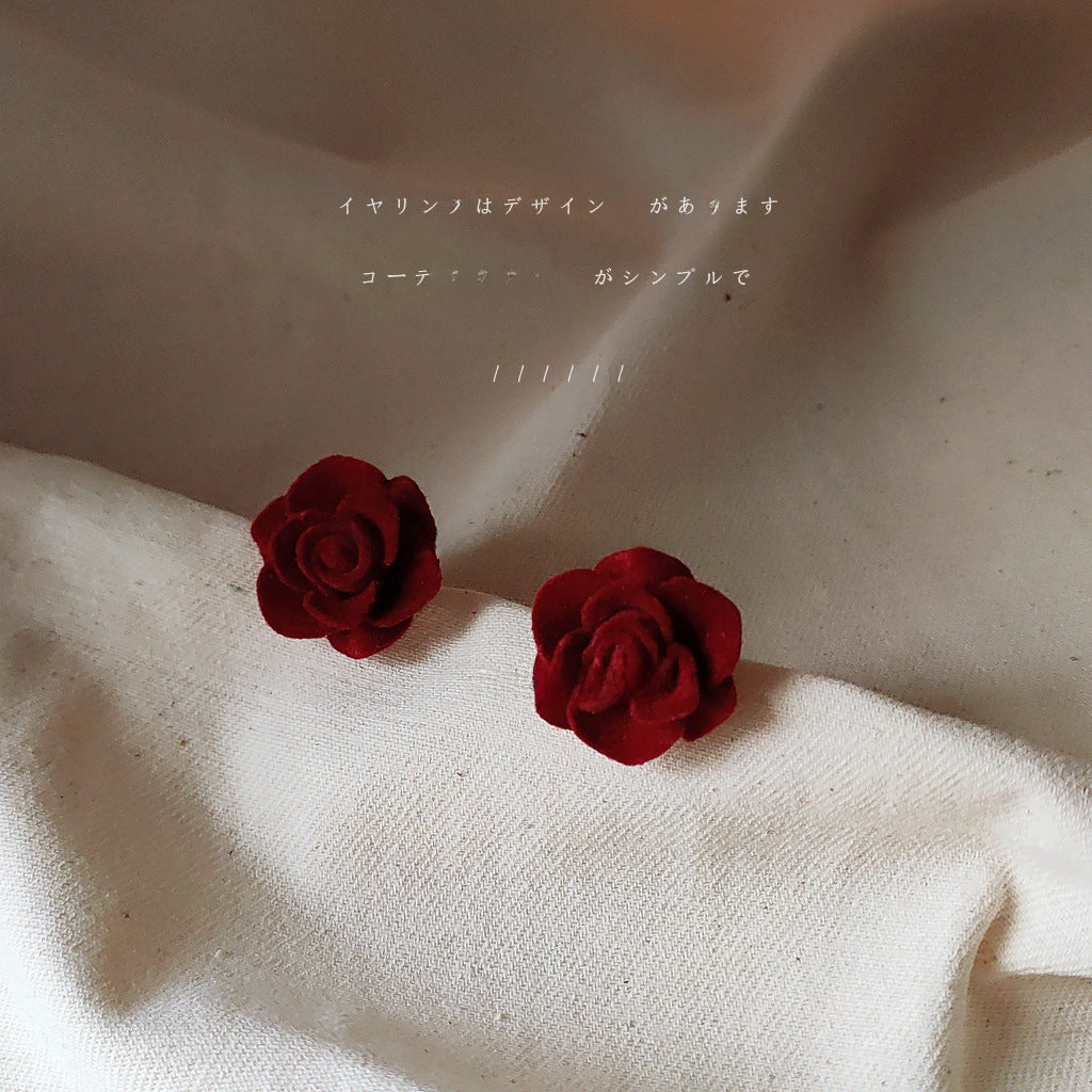 Wholesale flocking vintage wine red rose 925 silver needle earrings