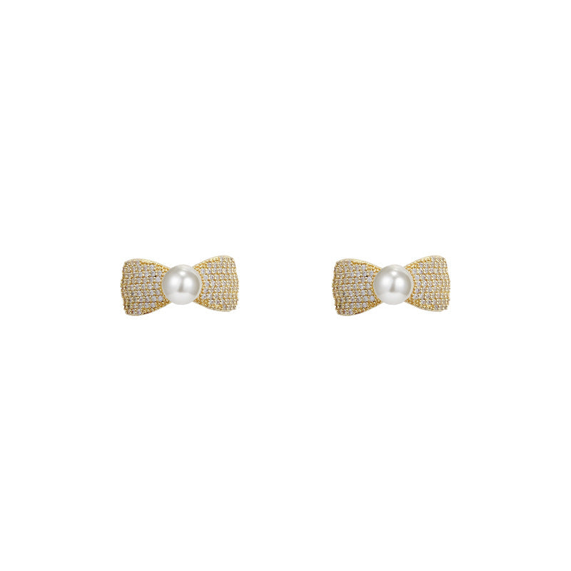 Wholesale Fashion Simple Zircon Earrings Pearl Design Bow Earrings