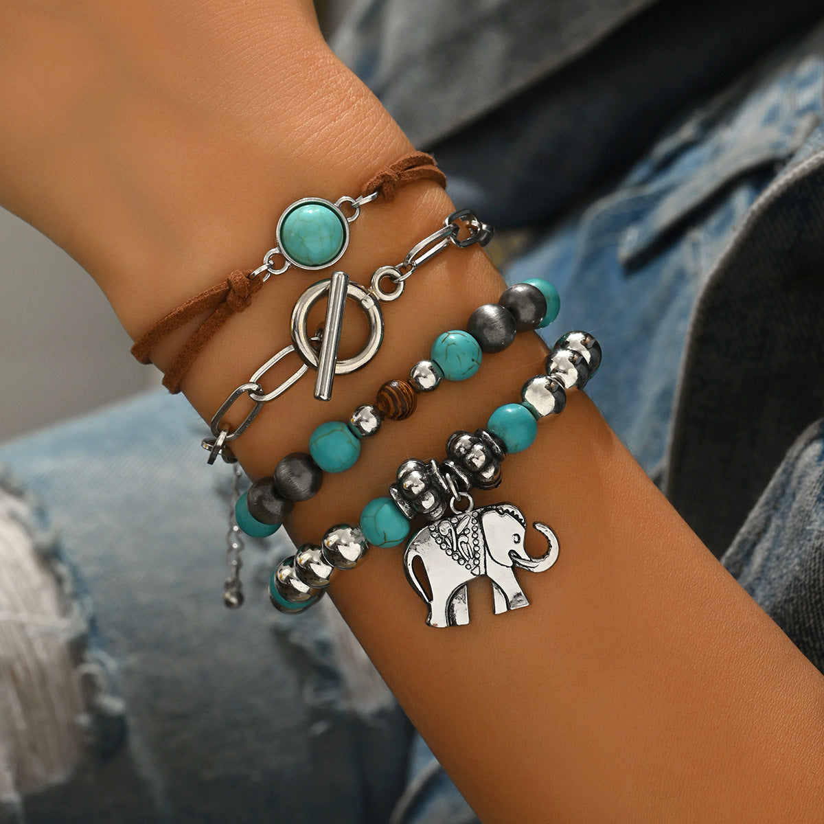 Wholesale 2PCS Western-style turquoise cactus bull' s head bracelet