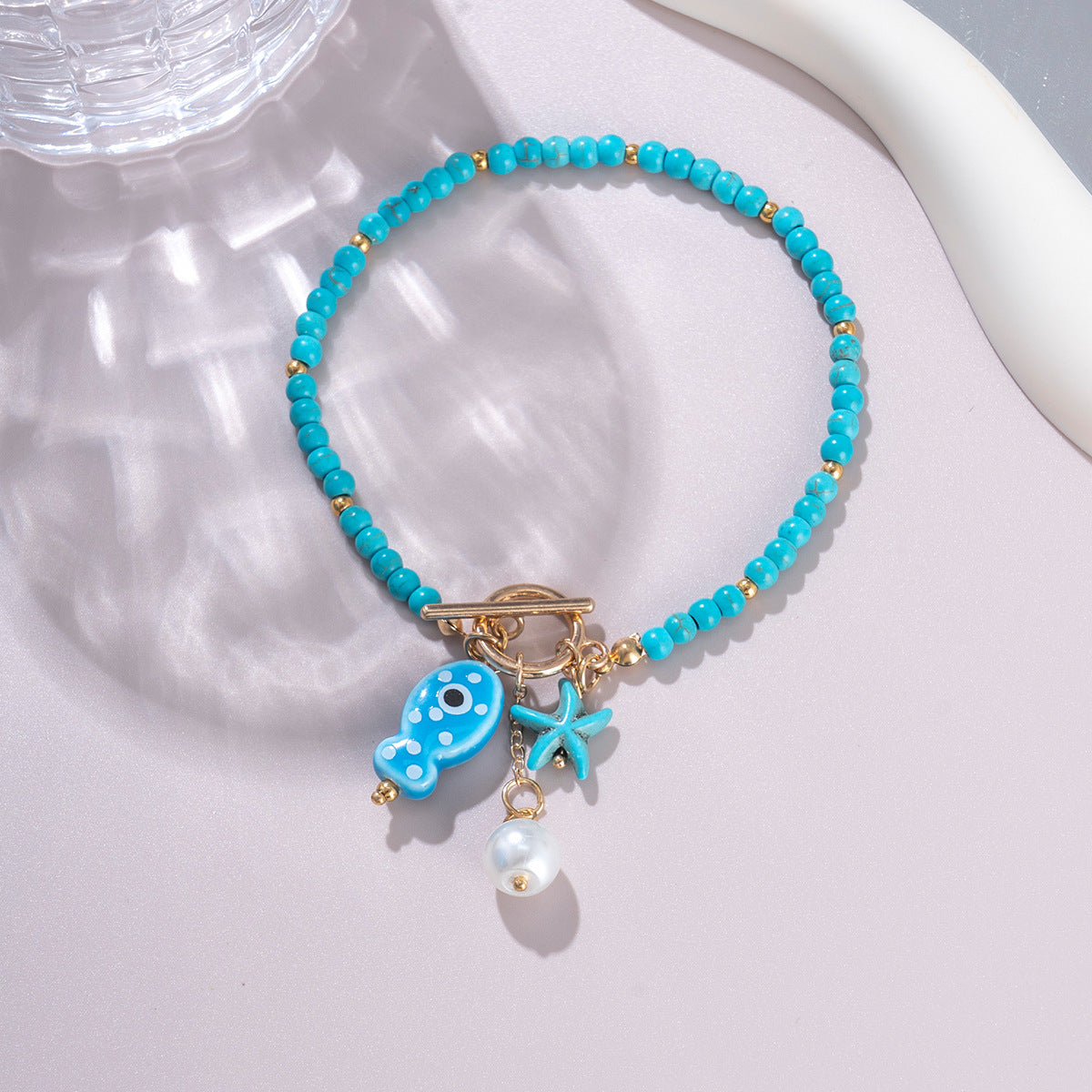 Wholesale Bohemian Blue Fish And Starfish Faux Pearl Beaded Necklace Trendy Party Jewelry Accessory Gift