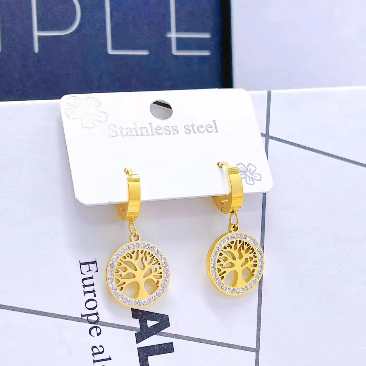 Wholesale Titanium Steel full diamond round pendant mid-length flower earrings