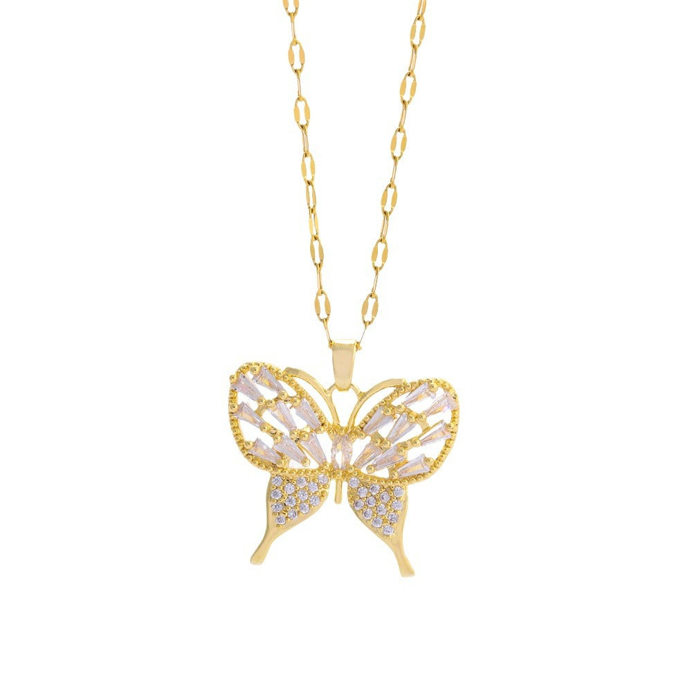 Wholesale  Titanium Steel plated 18K gold full zirconium butterfly necklace earrings set